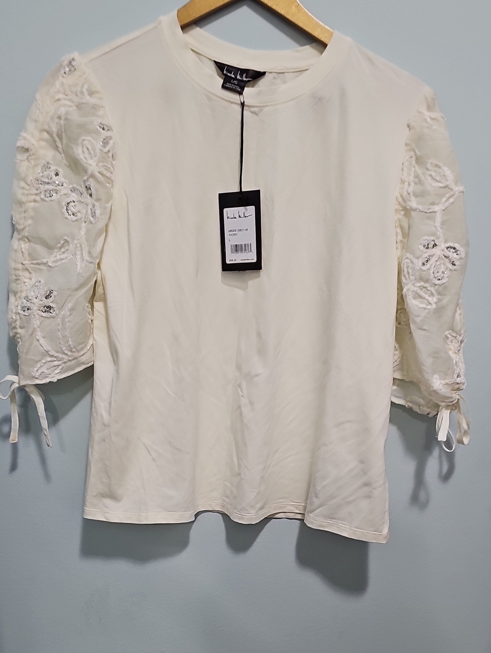 Women Brand New Nicole Miller Blouse Cream Puff Sleeve Embroidered Sequin Large